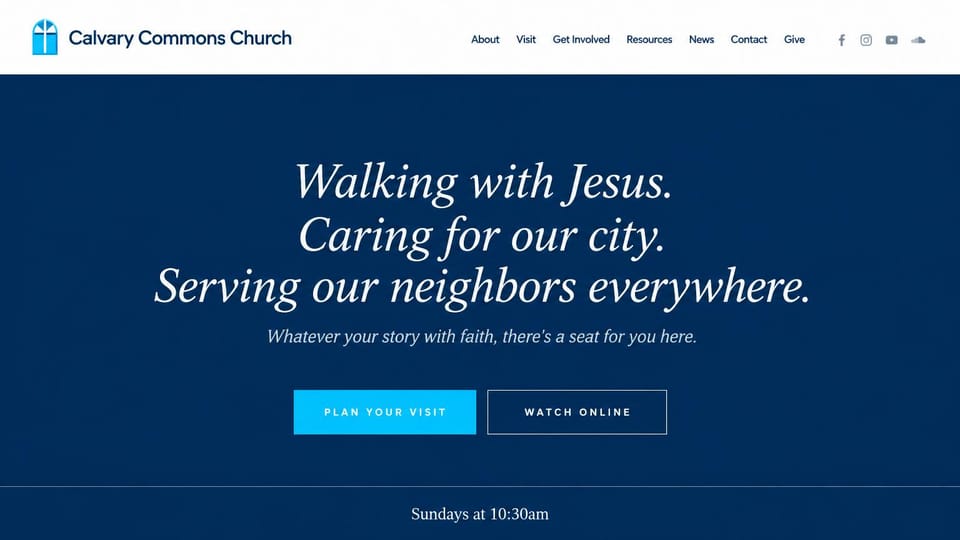 Church website design, church in three lines of italic serif: solid navy page with three centered lines of white italic serif and two blue buttons