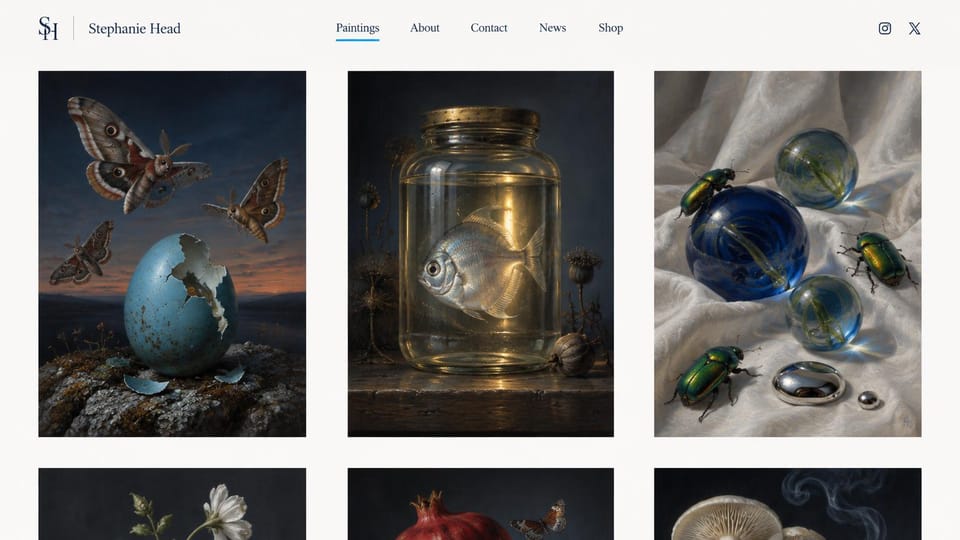Artist website design, surreal still life in a gallery grid: ivory page, a slim header above a grid of dark detailed paintings of moths, an egg, a jar and beetles