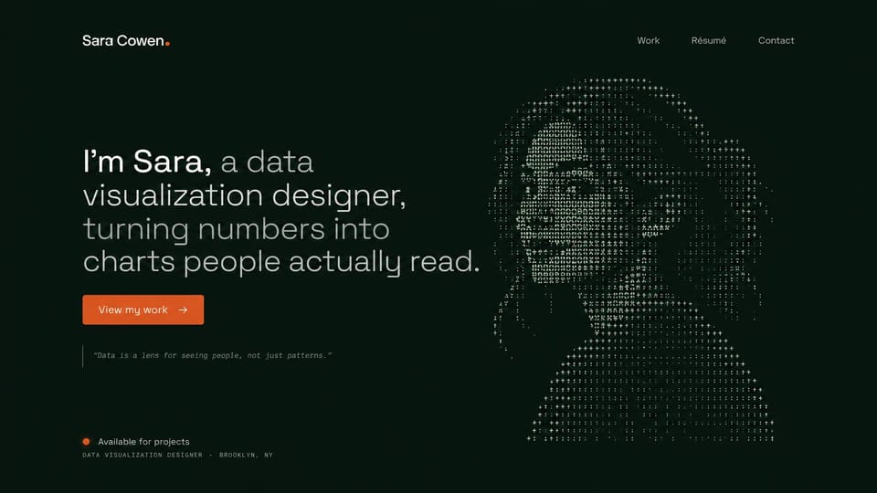 Resume website design, data visualization designer with a portrait in symbols: dark green page, a white and gray headline, an orange work button and a portrait drawn in small symbols
