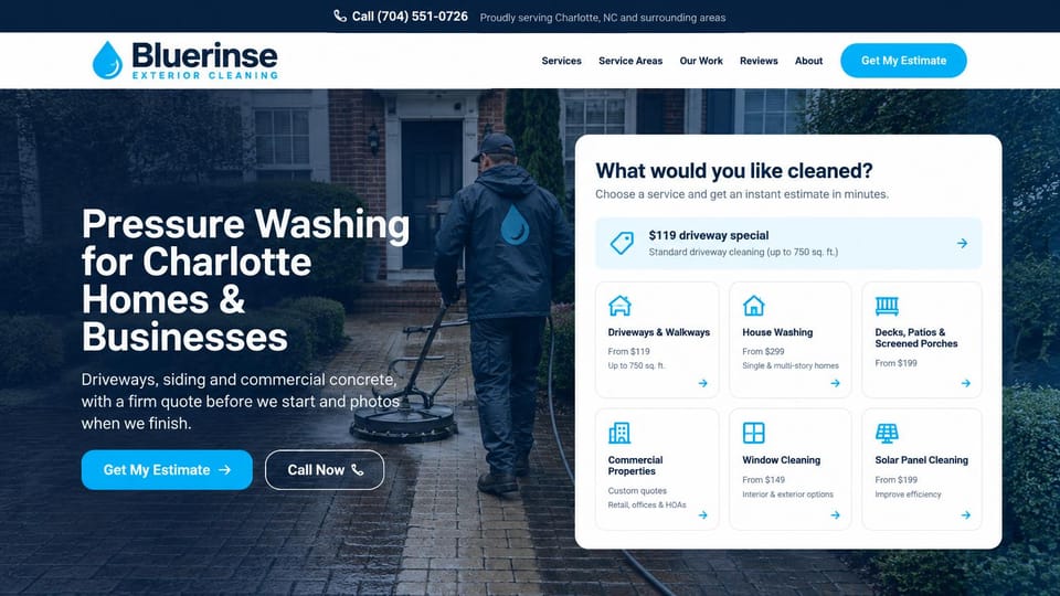 Pressure washing website design, exterior cleaning with a price menu up front: white menu, a worker cleaning a stone path under a dark blue tint, a white headline on the left, a white card of service tiles with prices on the right