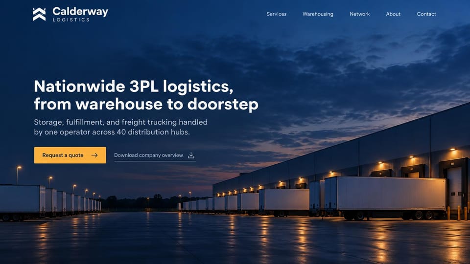 Logistics website design, nationwide 3PL with a warehouse at dusk: dark navy dusk photo of a long warehouse with trailers at its loading bays, white headline, yellow quote button, a download link