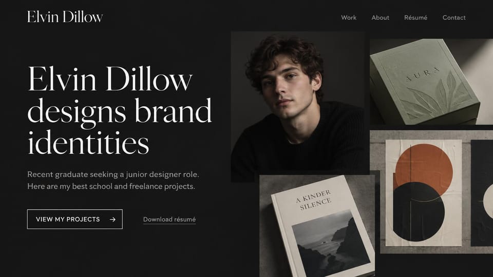 Resume website design, brand design graduate seeking a junior role: near-black page, a large white serif headline, an outlined projects button and a résumé link beside a portrait of a young man and photos of a sage box, a book cover and a poster