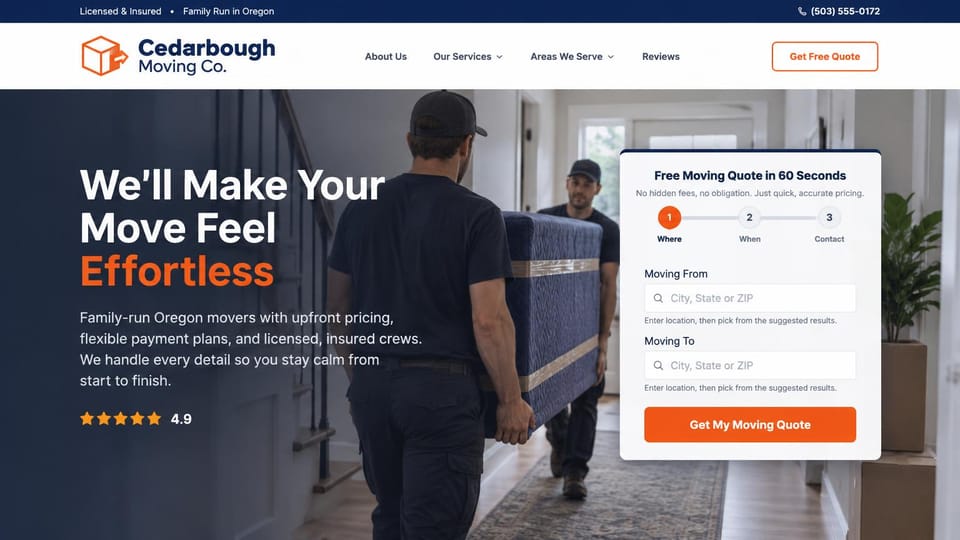 Moving company website design, family-run movers with a quick quote card: navy top bar and white menu, movers carrying a padded dresser down a hallway under a dark overlay, a white and orange headline, a white three-step quote card with an orange button