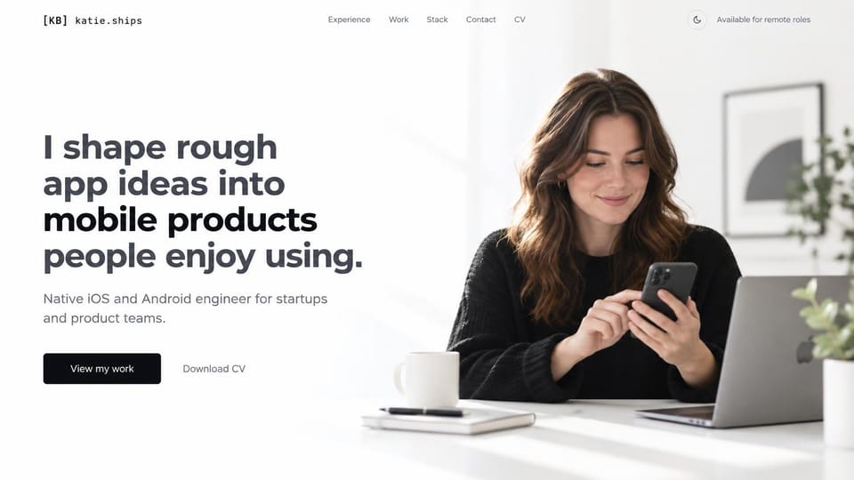 Personal website design, app developer available for remote roles: white page, a bold black headline beside a woman smiling at her phone at a desk, a black button