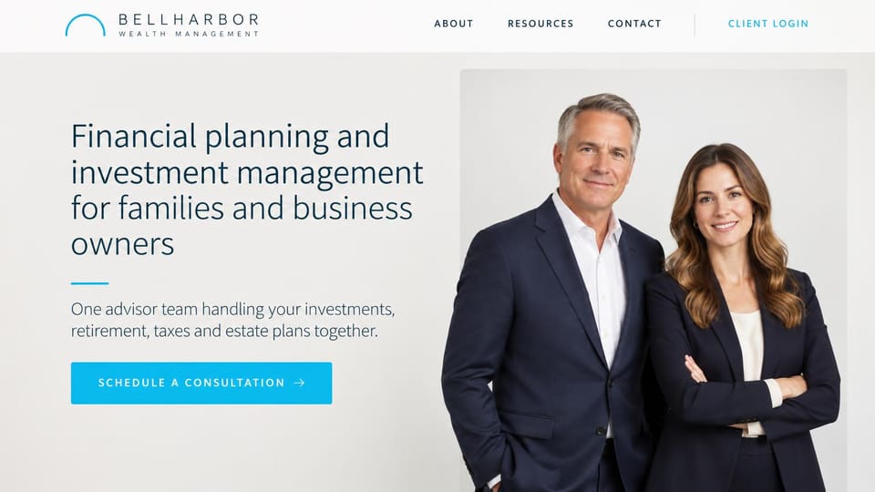 Financial advisor website design, wealth management with the advisors front and center: pale gray page, light sans serif headline, bright turquoise button and a portrait of two advisors in suits standing together