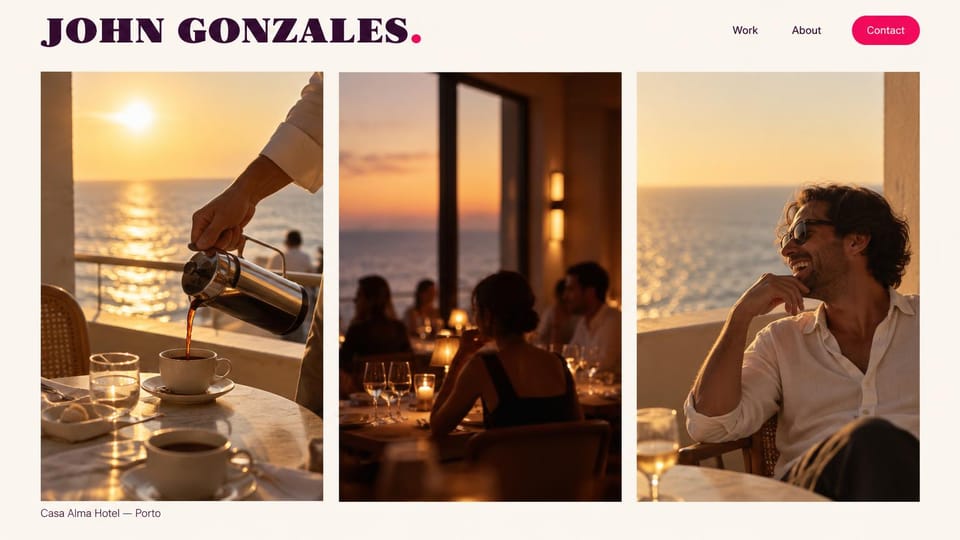 Photography website design, hospitality photography at golden hour: cream page, a large plum serif name and a pink contact button above three golden-hour hotel and dining photos