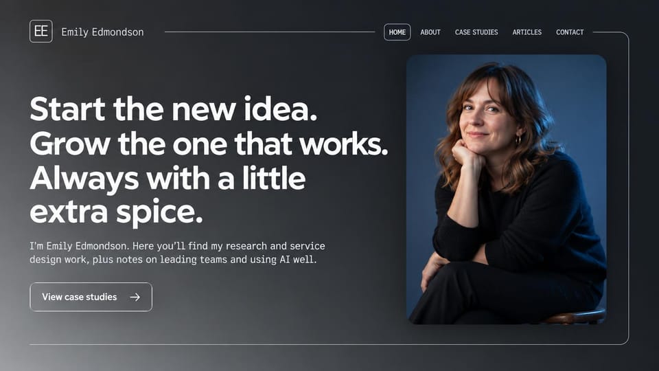 One page website design, service designer with a three-line manifesto: charcoal gradient page, a large white three-line headline beside a portrait of a woman on a blue backdrop