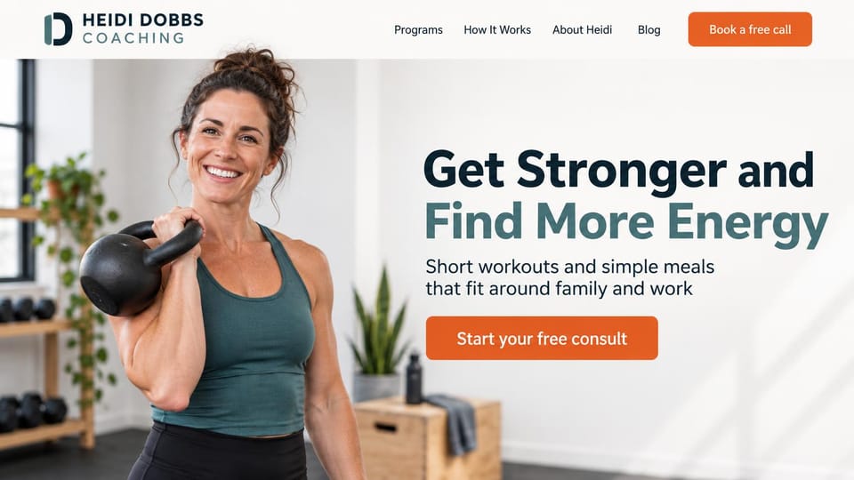 Personal trainer website design, strength and nutrition coach for busy parents: white page, a smiling woman holding a kettlebell on the left, a navy and teal headline, an orange consult button