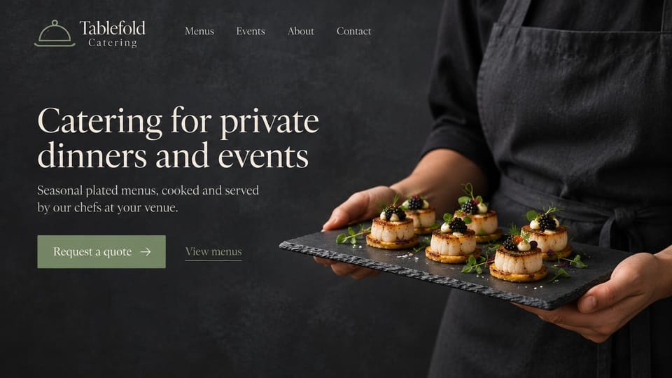 Catering website design, private dinner catering with a slate of canapés: charcoal textured page, a cream serif headline, a sage quote button and a person in a dark apron holding a slate of scallop canapés