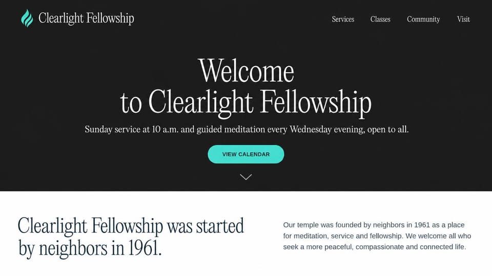 Church website design, spiritual fellowship in quiet type: near-black page with a large thin serif welcome, a teal button and a white history section