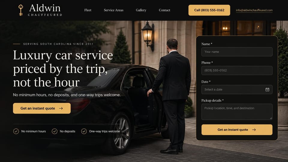 Car rental website design, luxury car service priced by the trip: dark photo of a chauffeur opening a black sedan's door outside a stone hotel entrance, a cream serif headline, gold buttons and a dark quote form on the right