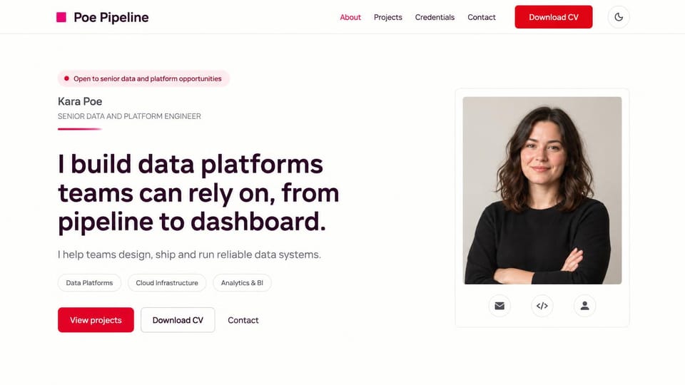 Resume website design, senior data engineer in bold red and plum: white page, a pink open to roles pill, a heavy dark plum headline, skill tags, red projects and CV buttons and a portrait card of a woman with crossed arms over three icon buttons