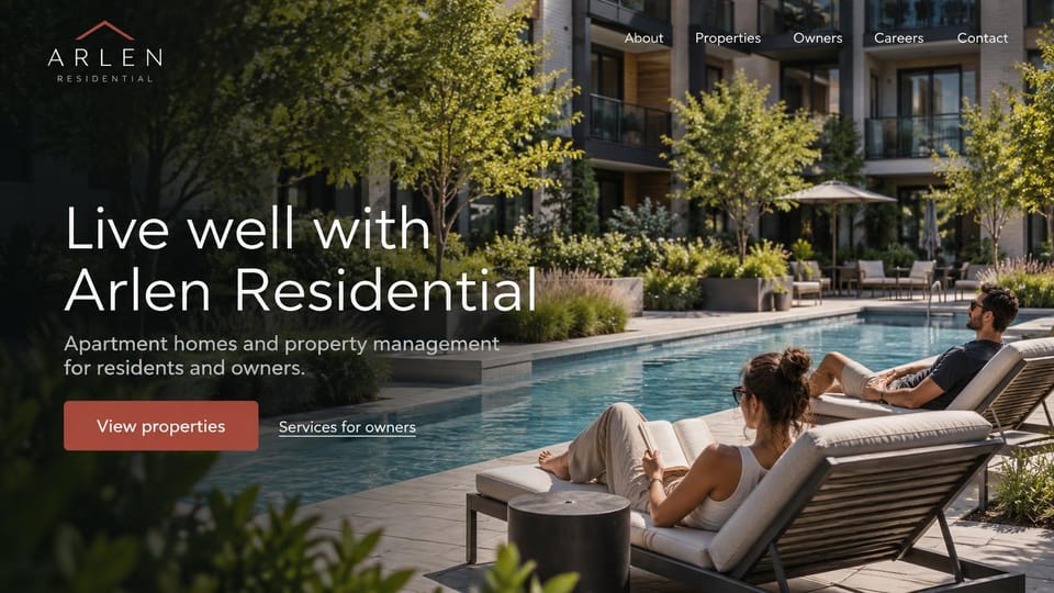 Property management website design, apartment communities with a sunny pool courtyard: full-width photo of residents on loungers by an apartment pool, a white headline at left, a brick-red properties button and an owner services link