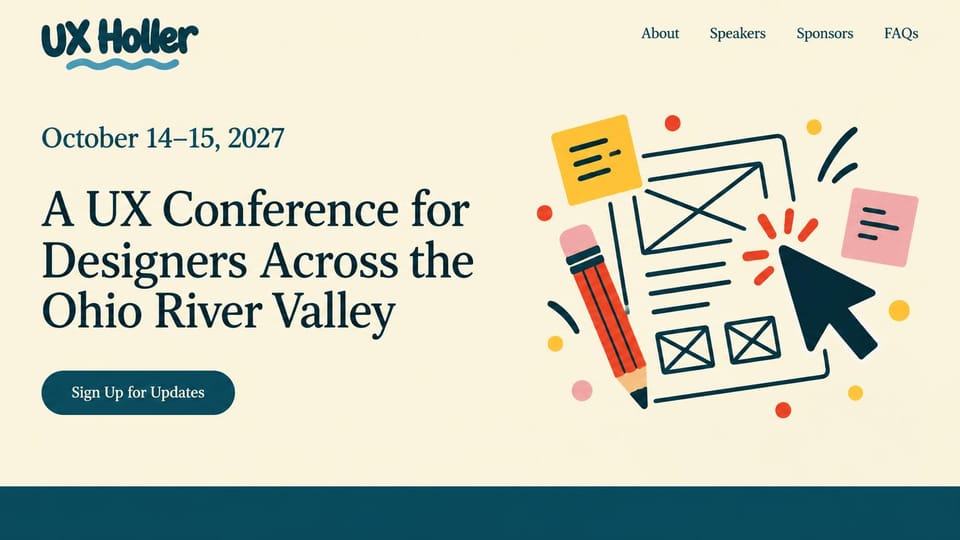 Event website design, regional UX conference with hand-drawn icons: cream page, dark serif headline, illustrated pencil, sticky notes and cursor in yellow and red, teal sign-up button
