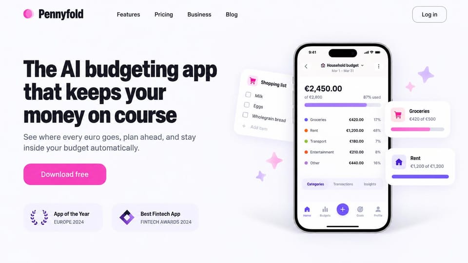 Mobile app website design, budgeting app with floating cards: white and lavender, bold black headline, a pink button and a phone with floating budget cards
