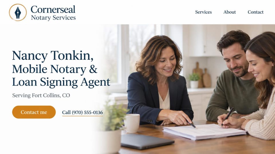 Notary website design, loan signing agent with your name as the headline: white page, a navy serif headline, an orange contact button and a call link, a smiling notary pointing to where a young couple signs at a kitchen table