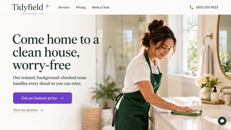 Cleaning service website design, house cleaning with a serif headline and instant price: cream page, a large charcoal serif headline, a purple price button and a cleaner in a green apron wiping a bathroom vanity