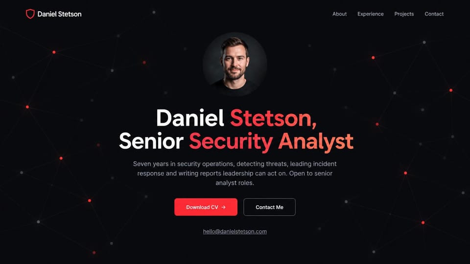 Resume website design, security analyst centered over a red network map: near-black page with faint network lines and red nodes, a round portrait of a bearded man, a white and red headline, a red download CV button and an outlined contact button