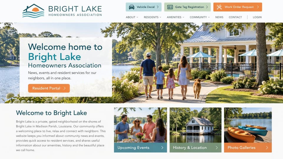 HOA website design, gated lake community with request shortcuts: white header with three colored request buttons, a white panel with an orange portal button over a family walking by a lake