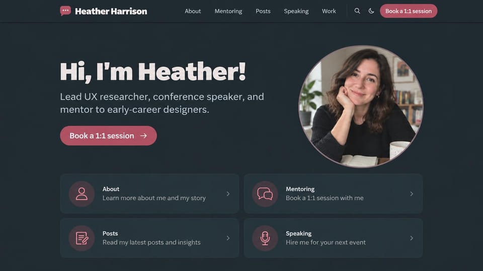 Personal website design, researcher and mentor with service cards: charcoal and teal, a circular portrait beside a hello headline and a pink button, four cards below