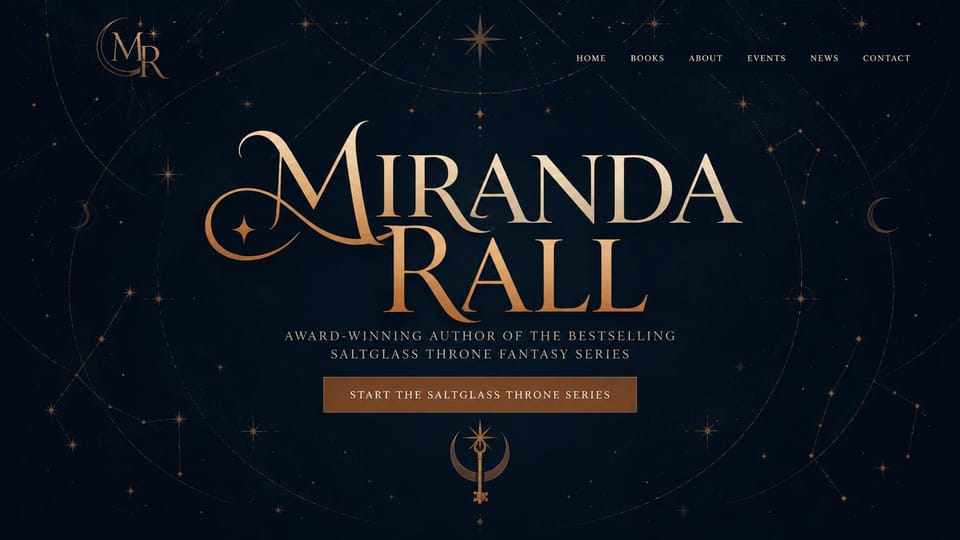 Author website design, epic fantasy in navy and gold: navy starfield with gold lines, an ornate copper-gold name and a copper button
