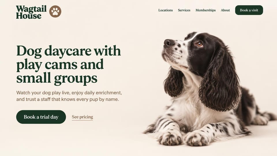 Pet business website design, dog daycare with play cams and small groups: cream page, a large dark green serif headline beside a spaniel lying down, a green trial-day button