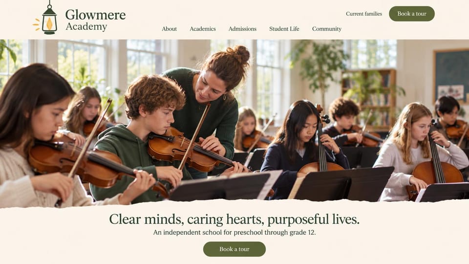 School website design, independent school with a music class across the top: cream page, a green lantern crest and serif menu, a wide photo of students playing violins and cellos with a teacher, a torn paper edge and a centered green serif headline
