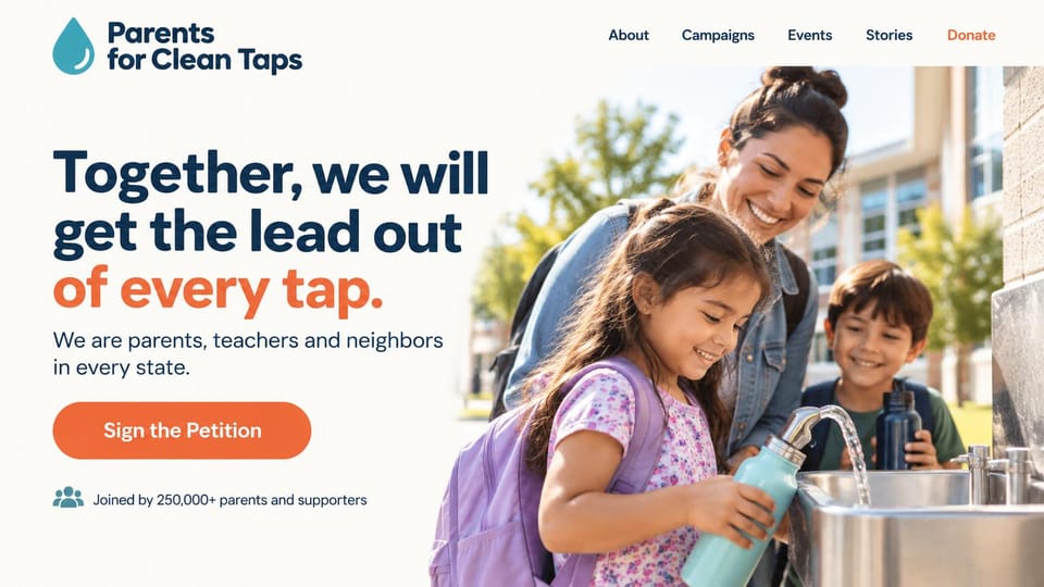 Nonprofit website design, parent-led campaign with a petition up front: white and navy, children drinking at a school water fountain, an orange petition button