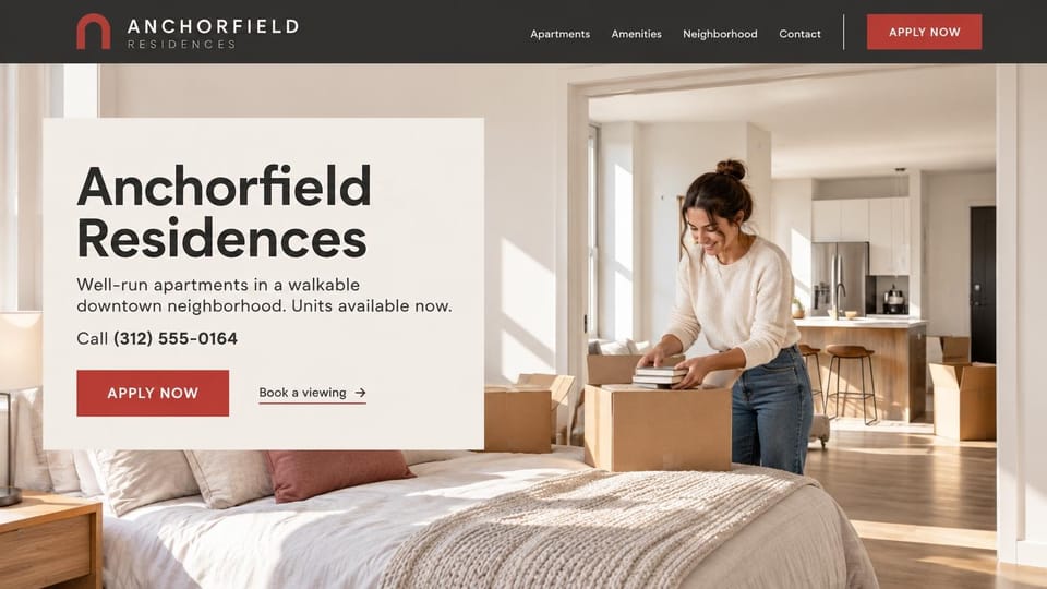 Apartment website design, walkable downtown apartments with a move-in photo: charcoal header with a red arch logo, a cream card with a large dark headline, phone number and red apply button, a woman unpacking boxes in a sunlit bedroom
