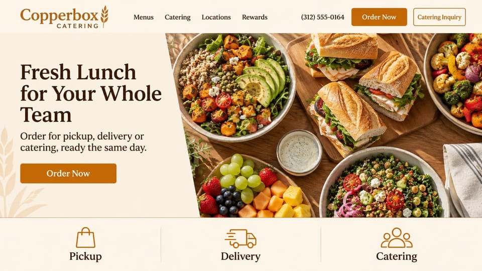 Catering website design, team lunch catering with pickup and delivery: cream page, a dark brown serif headline, an orange order button, an overhead spread of grain bowls, sandwiches and fruit, and three line icons