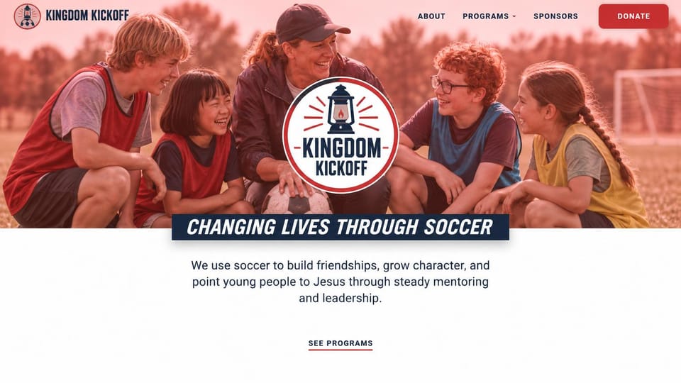 Sports team website design, faith-based youth soccer with a round emblem: a red-tinted photo of a coach with four kids on a field, a round red, white and navy lantern emblem at the center, a navy banner and centered text on white