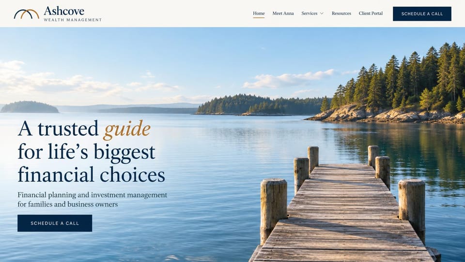 Financial advisor website design, financial planning by a sunny lake dock: cream header, navy serif headline with one gold italic word, navy button and a sunny lake with pines and an empty wooden dock
