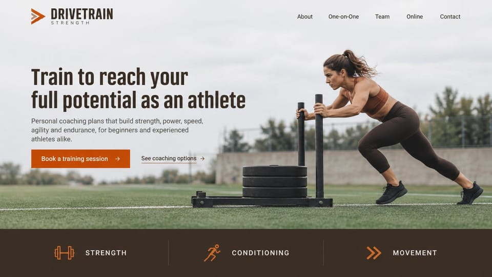 Personal trainer website design, athlete training on an open turf field: pale gray sky over a turf field, a dark headline, an orange button, a woman pushing a weighted sled, a dark brown strip naming strength, conditioning and movement
