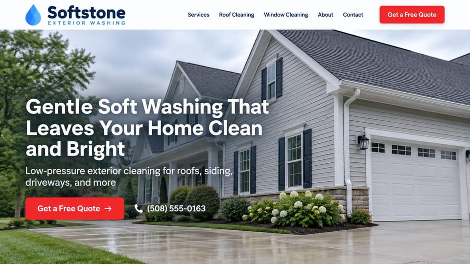 Pressure washing website design, soft washing with a freshly cleaned home: white header with a blue logo and red quote button, a gray-sided home with a wet driveway under a cloudy sky, a white headline and phone number on the left