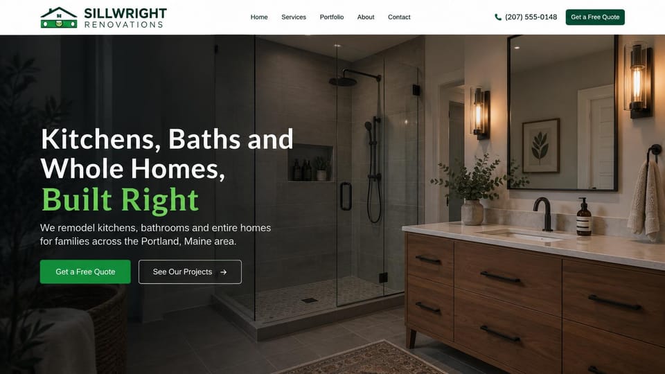 Remodeling website design, kitchens, baths and whole homes in deep green: a white header with a green logo, a dark tiled bathroom with a glass shower and walnut vanity, a bold white and green headline and a green quote button