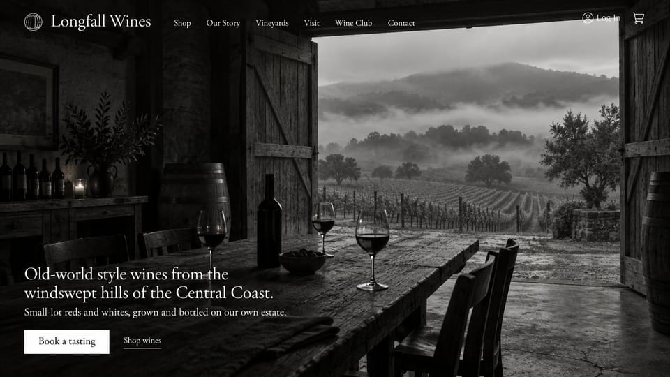 Winery and brewery website design, old-world winery in black and white: black and white photo from a dark barn with a wine table and barrels out to misty vineyard hills, white serif text and a white button at lower left