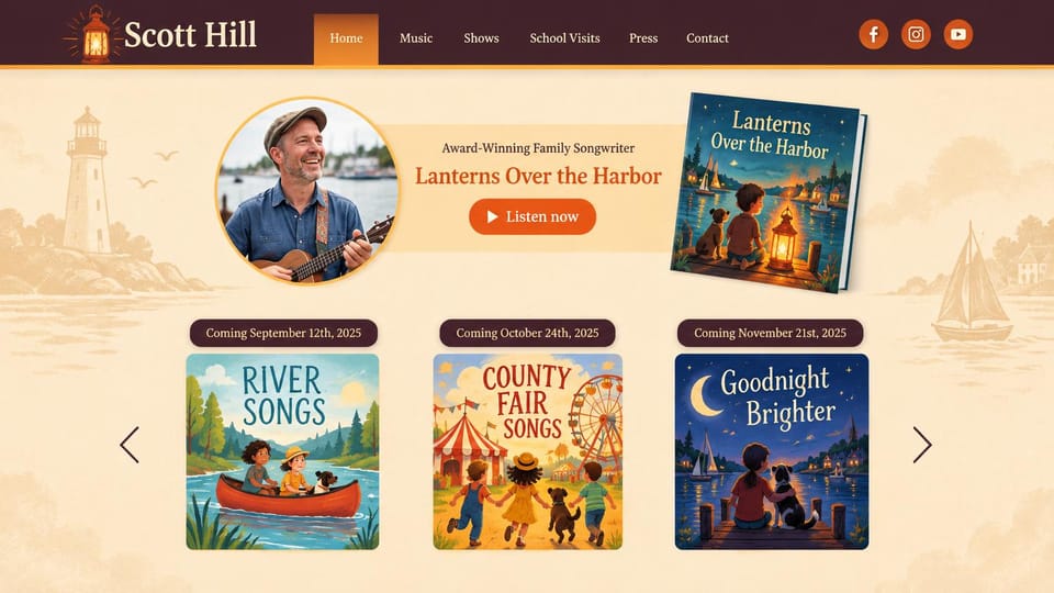 Musician website design, family songwriter with storybook art: cream page with lighthouse sketches, a round portrait with a ukulele and illustrated album covers