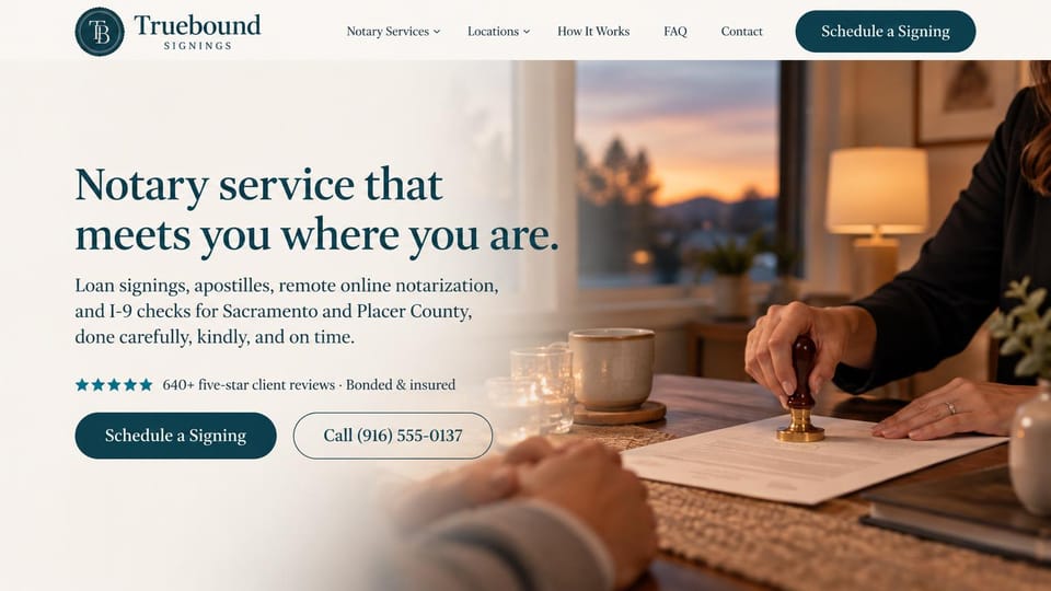 Notary website design, loan signings, apostilles and online notary in teal and cream: cream page fading into a dusk photo of a notary pressing a brass stamp by a lamp-lit window, a deep teal serif headline, a teal schedule button and an outlined call button