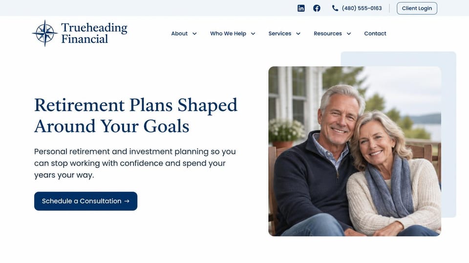 Financial advisor website design, retirement plans with a framed couple portrait: white page, navy serif headline, navy consultation button and a smiling older couple in a rounded photo with a pale blue block behind