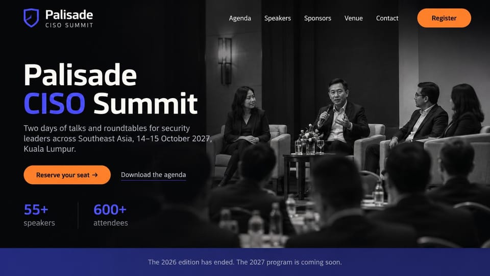 Event website design, executive security summit in black and white: black page, white and violet headline, orange seat button, black-and-white photo of a panel in armchairs, violet notice bar