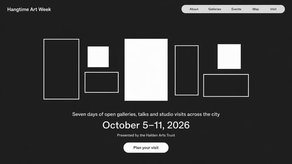 One page website design, art week with outlined frames: charcoal page, white outlined and filled rectangles hung like a gallery wall, white date headline and a white button