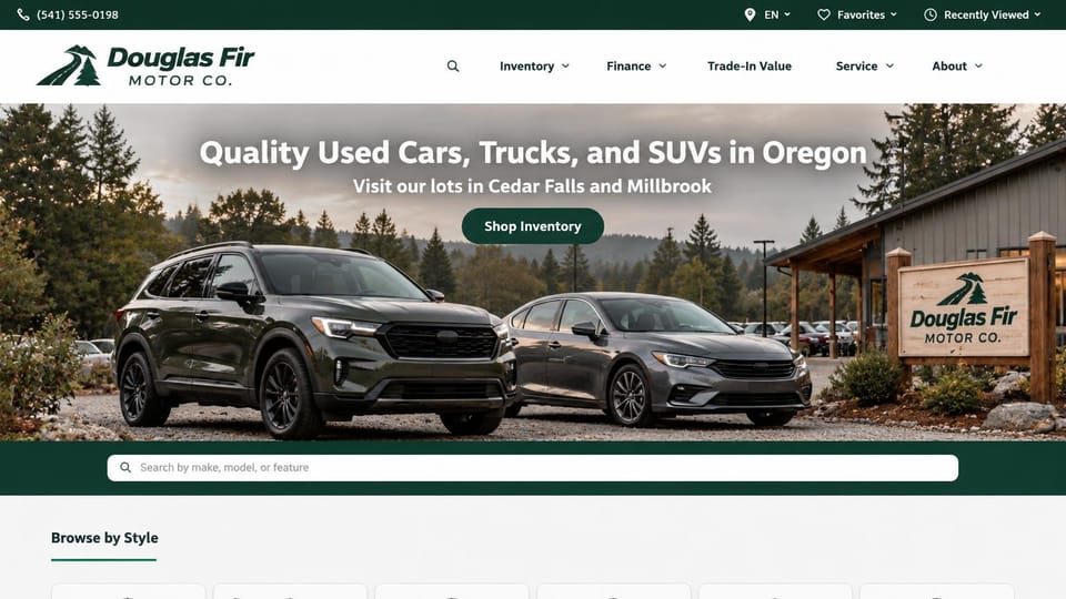 Car dealership website design, used cars and trucks among the pines: white header with a green tree logo, a dark SUV and a sedan beside a wooden dealership sign among pines, white headline, green button and a search bar on a green band