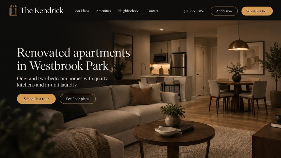 Apartment website design, renovated apartments in a lamplit living room: black header with outlined apply and gold tour buttons, a dim living room with a sectional, kitchen and dining table under a brass pendant, cream serif headline at the left