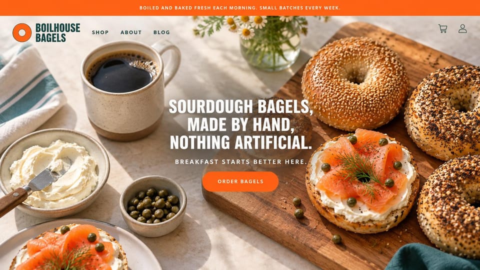 Cafe website design, sourdough bagels with a breakfast spread: a breakfast board of bagels, salmon and coffee under white condensed capitals and an orange button