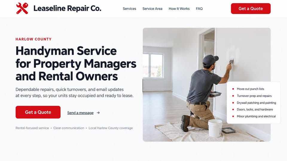 Handyman website design, handyman for property managers with a job list: white page, a red tools logo, a bold black headline, a red quote button and a handyman patching a wall in an empty room beside a checklist card