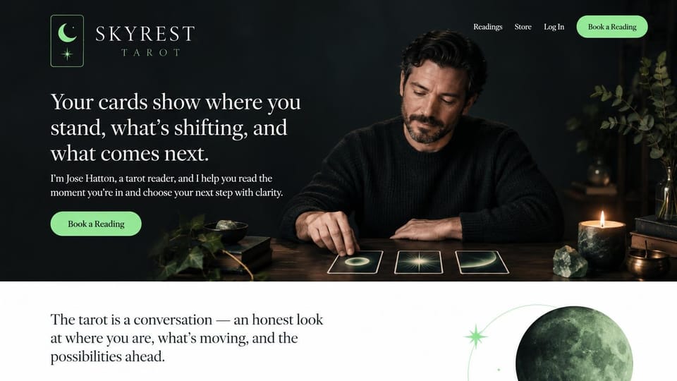 Astrology website design, tarot readings in charcoal and mint: charcoal page, a white serif headline and a mint green button beside a bearded reader laying out three cards by candlelight, a white section below