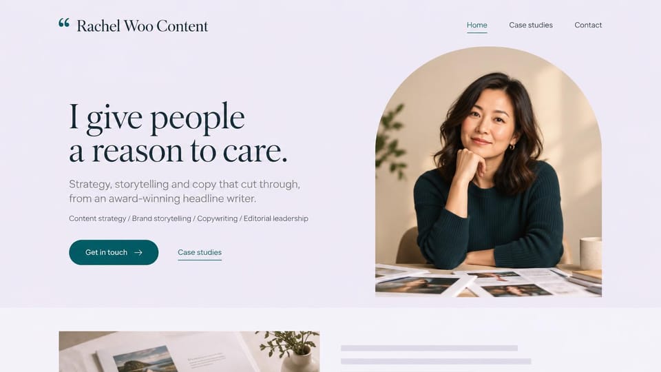 Marketing portfolio website design, copywriter and storyteller in soft lavender: pale lavender page, a large dark serif headline, a teal button and an arched portrait of a woman at a table of printouts