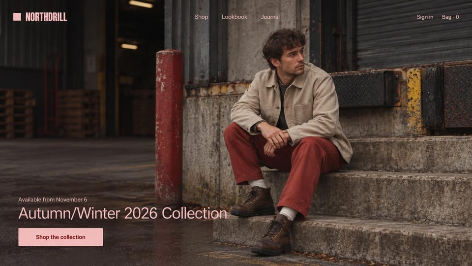 Fashion website design, workwear-style menswear on loading-dock steps: dark warehouse loading dock, a man in a cream chore jacket and rust trousers on concrete steps, a condensed pale pink logo, pale pink type and a pale pink button