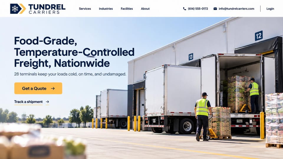 Logistics website design, food-grade refrigerated freight at the dock: white page, navy headline, refrigerated box trucks at a warehouse dock with workers moving produce pallets, yellow quote button