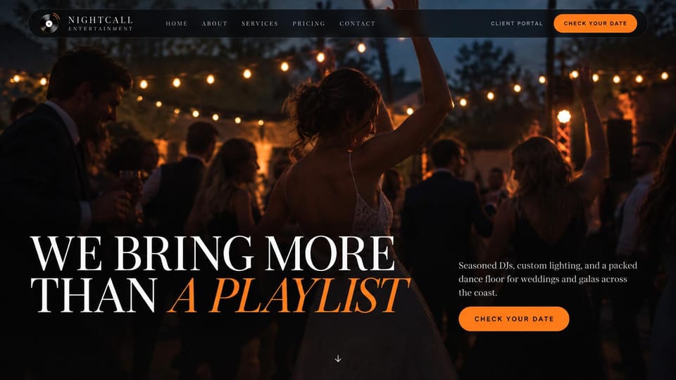 Musician website design, wedding DJ, dark and editorial: guests dancing under string lights, a white serif headline with italic orange words and an orange button